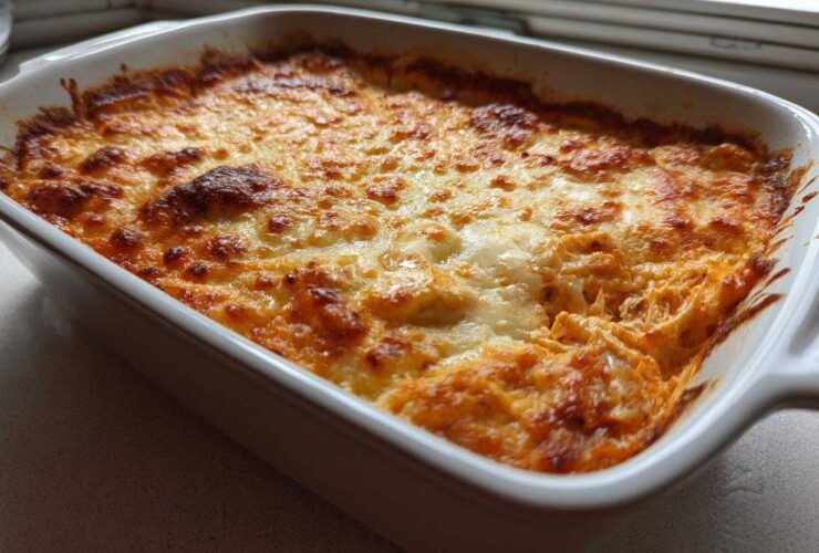 A close-up of hot, bubbly Buffalo Chicken Dip with a perfectly browned and melted cheese topping in a white baking dish.