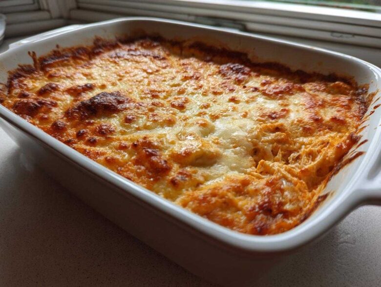 A close-up of hot, bubbly Buffalo Chicken Dip with a perfectly browned and melted cheese topping in a white baking dish.