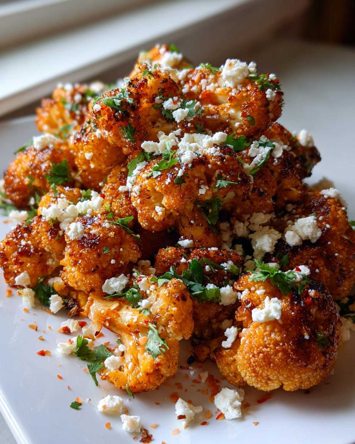 Close-up of roasted Cauliflower Elote, seasoned and topped with crumbled white cheese and fresh cilantro.
