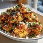 A close-up of roasted Cauliflower Elote florets piled high, topped with crumbled white cheese and fresh chopped cilantro.
