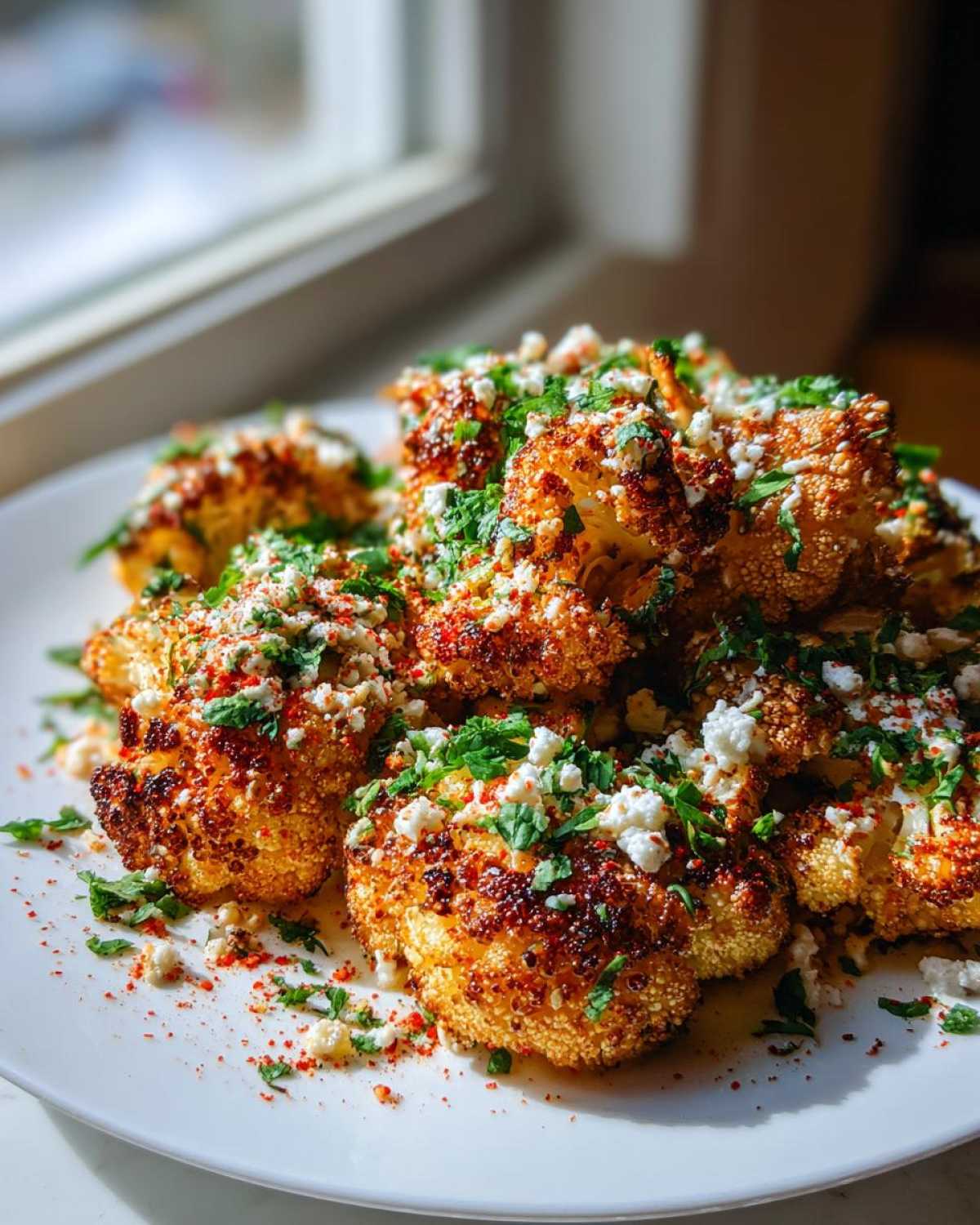 Close-up of roasted Cauliflower Elote pieces piled on a white plate, generously topped with cotija cheese and cilantro.