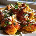 Close-up of roasted Cauliflower Elote, seasoned with chili powder, crumbled white cheese, and fresh cilantro.