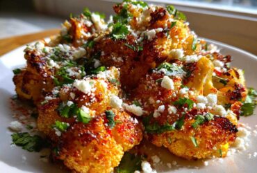 Close-up of roasted Cauliflower Elote, seasoned with chili powder, crumbled white cheese, and fresh cilantro.