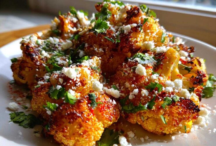 Close-up of roasted Cauliflower Elote, seasoned with chili powder, crumbled white cheese, and fresh cilantro.