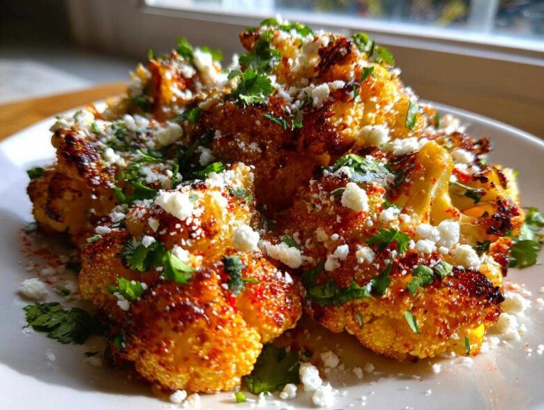 Close-up of roasted Cauliflower Elote, seasoned with chili powder, crumbled white cheese, and fresh cilantro.