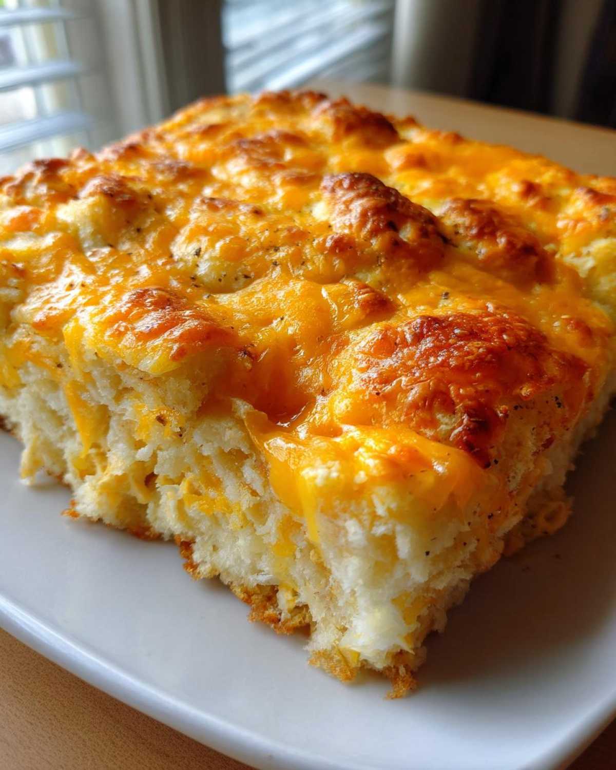 A close-up of a square serving of Chicken Crescent Roll Casserole topped with melted, bubbly cheddar cheese.