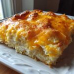 A close-up of a serving of Chicken Crescent Roll Casserole topped with bubbly, melted cheddar cheese.