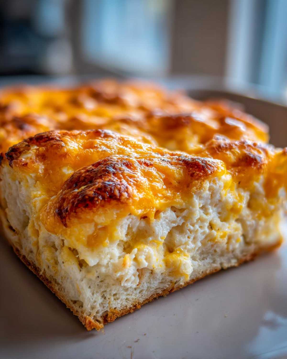 A close-up, mouth-watering slice of Chicken Crescent Roll Casserole with a bubbly, golden-brown melted cheese topping.