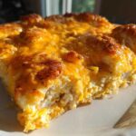 Close-up of a baked slice of Chicken Crescent Roll Casserole topped with melted, browned cheddar cheese.