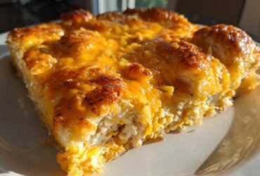 Close-up of a baked slice of Chicken Crescent Roll Casserole topped with melted, browned cheddar cheese.