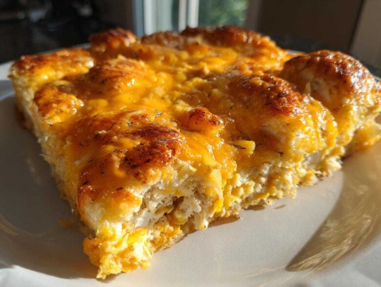 Close-up of a baked slice of Chicken Crescent Roll Casserole topped with melted, browned cheddar cheese.