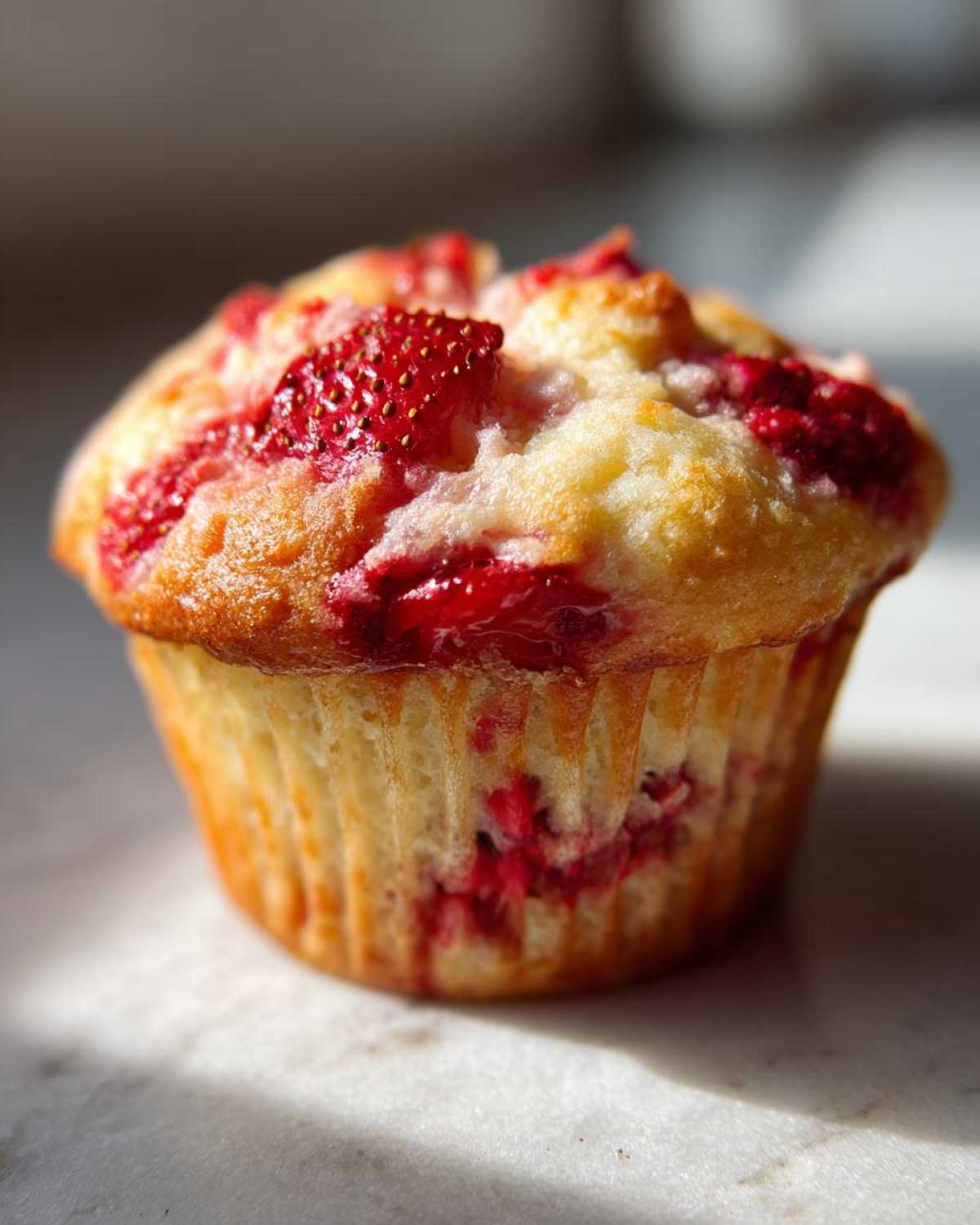 A close-up photo of a freshly baked Cottage Cheese Strawberry Muffin with bright red fruit visible on top.