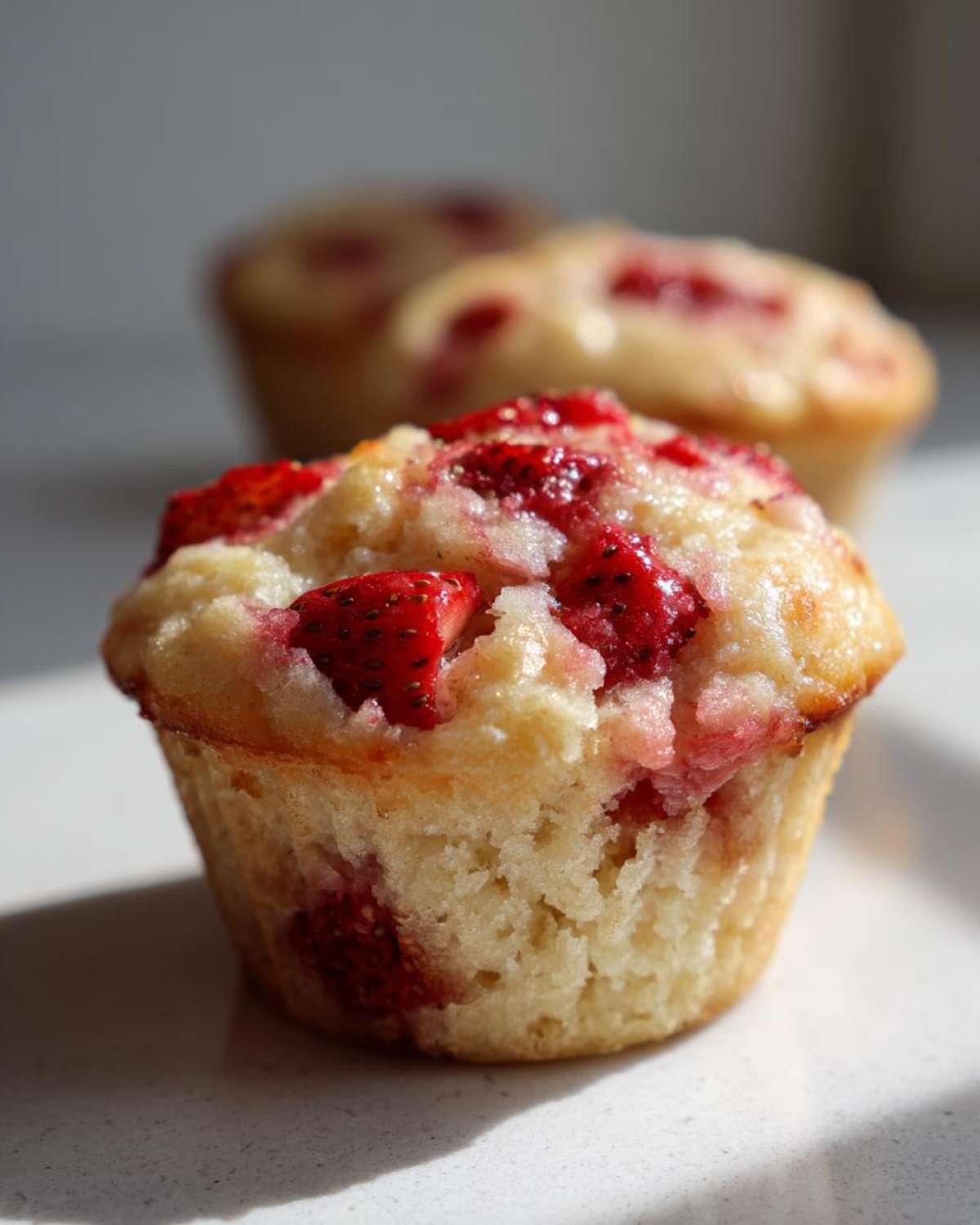 A close-up, brightly lit photo of a single Cottage Cheese Strawberry Muffin topped with baked strawberries.