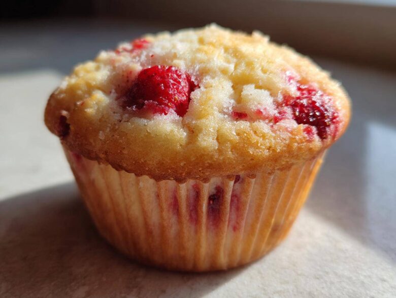 A single, golden-brown Cottage Cheese Strawberry Muffins, featuring visible bright red strawberries baked into the top.