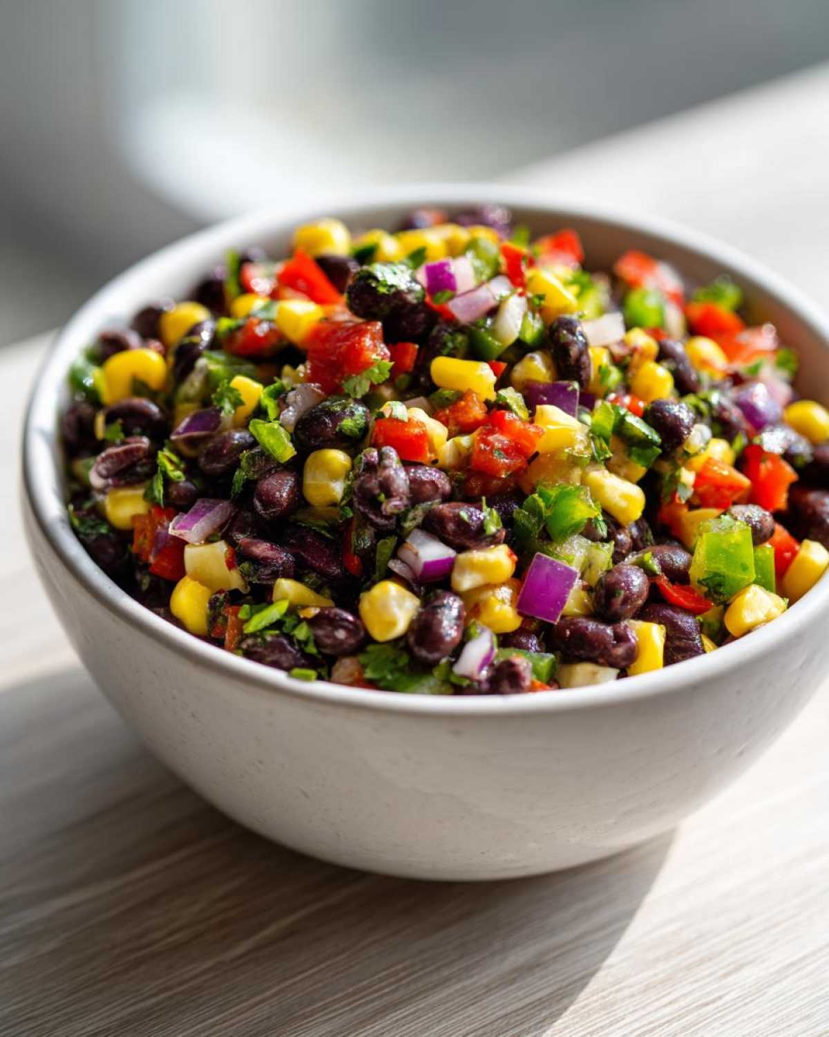 Close-up of a white bowl filled with vibrant Cowboy Caviar Dip featuring black beans, corn, red onion, and peppers.