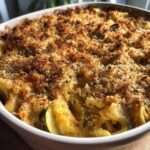 A close-up shot of a Cozy Creamy Vegetable Casserole Bake with a golden, crispy breadcrumb topping and visible zucchini slices.