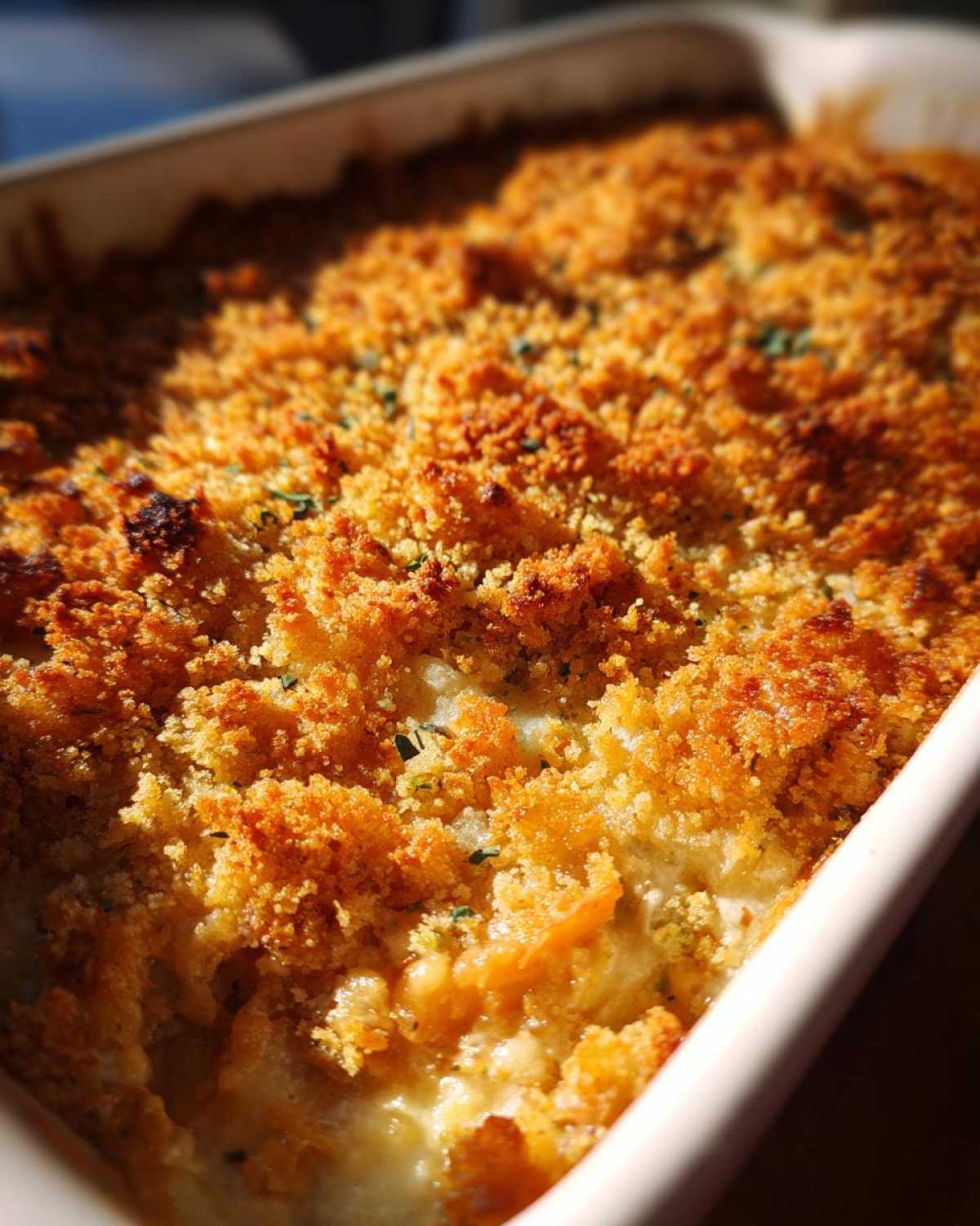 Close-up of a Cozy Creamy Vegetable Casserole Bake with a deeply golden, crunchy breadcrumb topping.