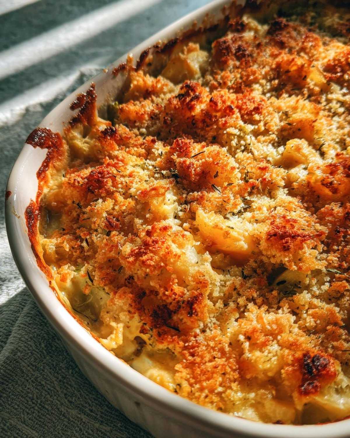 Close-up of a Cozy Creamy Vegetable Casserole Bake with a golden brown, crunchy breadcrumb topping.