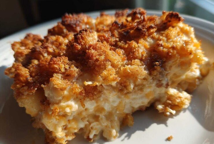 Close-up of a serving of Cozy Creamy Vegetable Casserole Bake with a golden, crunchy topping.