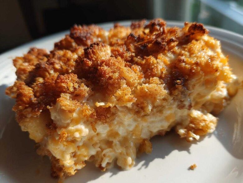Close-up of a serving of Cozy Creamy Vegetable Casserole Bake with a golden, crunchy topping.