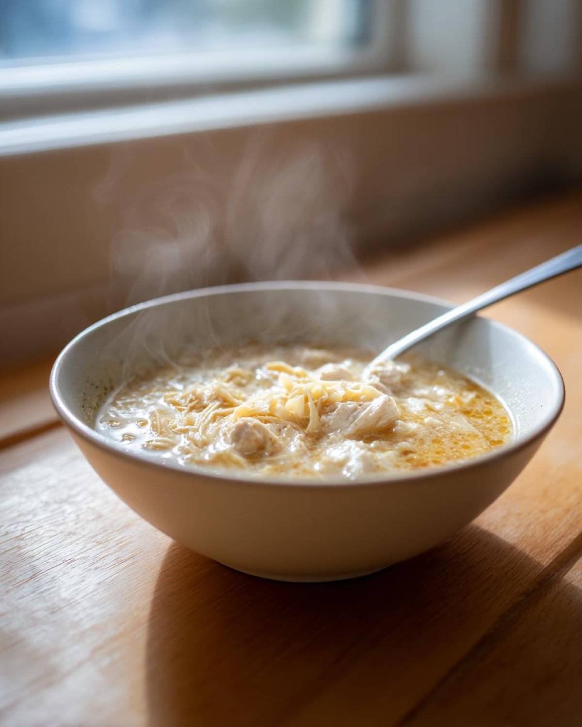 A steaming bowl of creamy Crack Chicken Noodle Soup with shredded chicken and noodles, resting on a wooden surface.