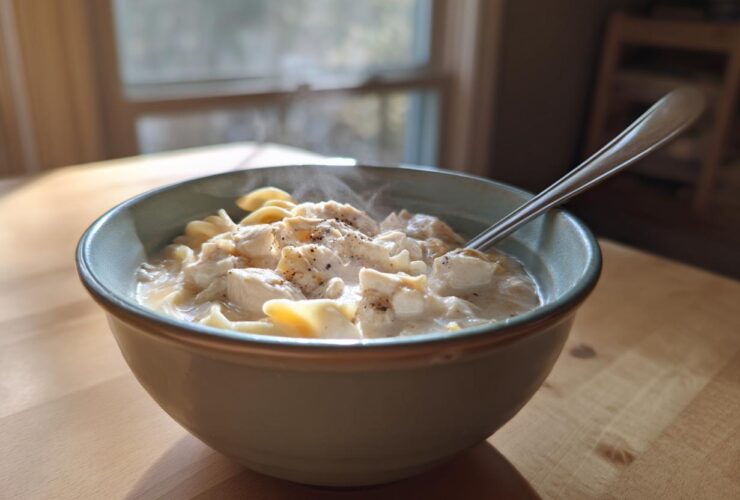 A steaming bowl of creamy Crack Chicken Noodle Soup featuring chunks of chicken and egg noodles, set on a wooden table.