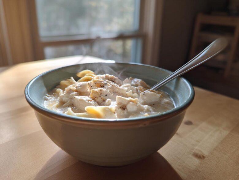 A steaming bowl of creamy Crack Chicken Noodle Soup featuring chunks of chicken and egg noodles, set on a wooden table.