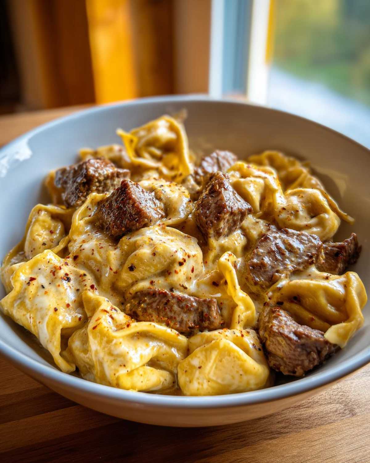 A close-up of a bowl filled with creamy Cracked Garlic Steak Tortellini, featuring chunks of steak and red pepper flakes.