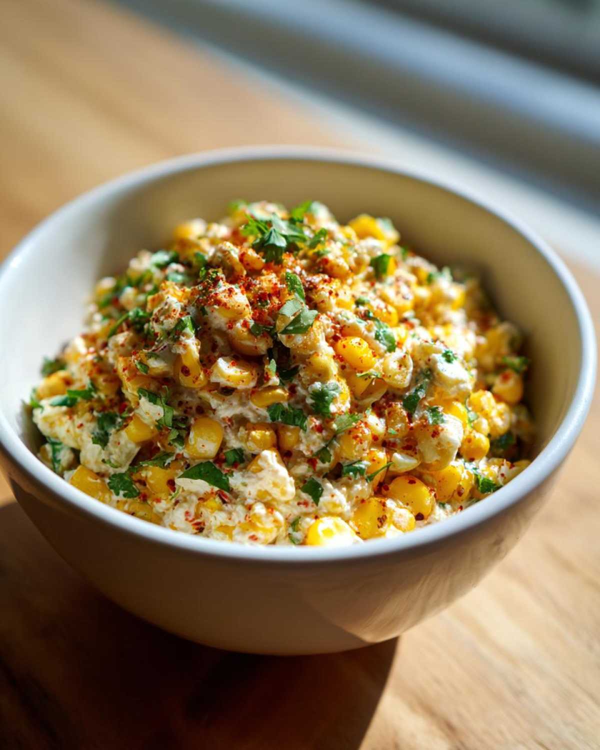 A close-up of creamy Elote Dip featuring corn kernels mixed with a white sauce, topped with fresh cilantro and red chili powder.