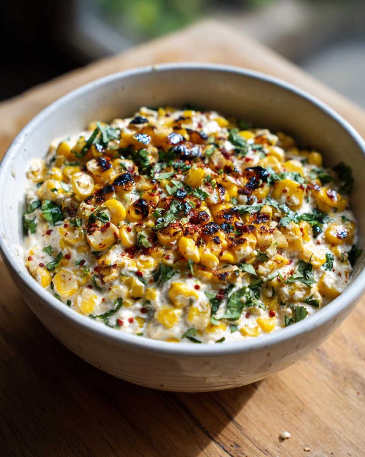 Close-up of a bowl of creamy Elote Dip featuring charred corn kernels, fresh cilantro, and a dusting of chili powder.