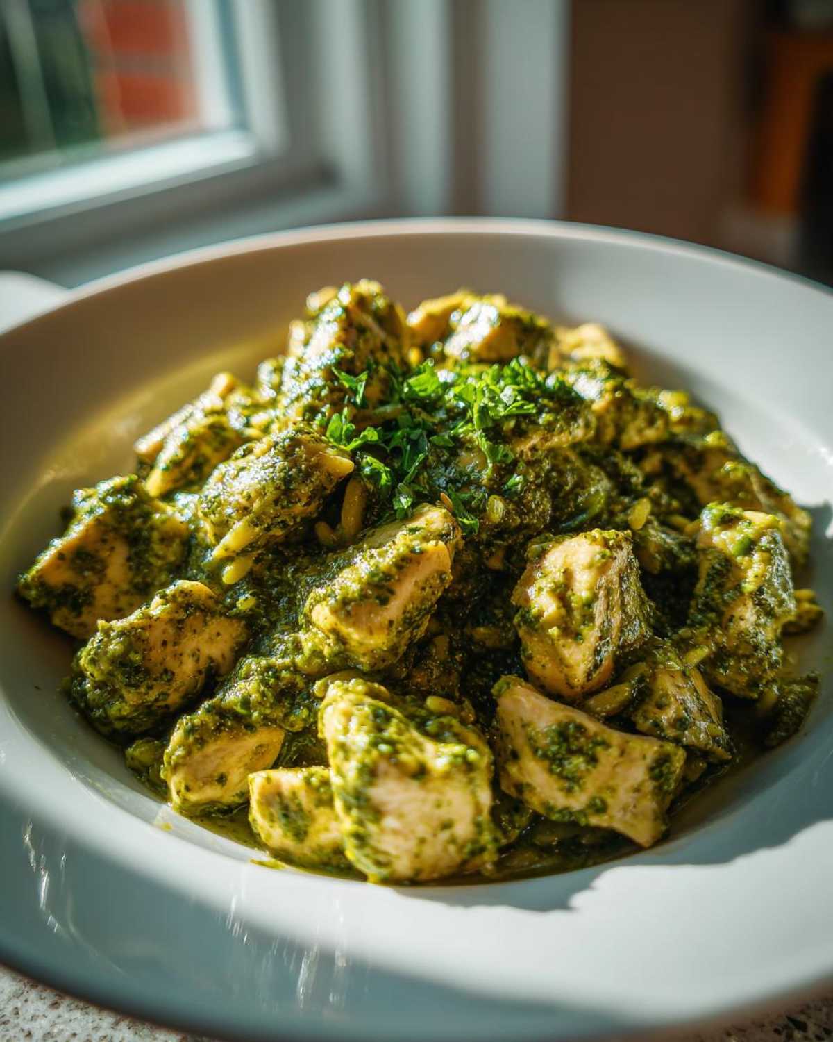 Close-up of bite-sized pieces of Creamy Pesto Chicken coated in vibrant green pesto sauce, garnished with parsley.