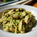 Close-up of tender chicken pieces coated in a vibrant green sauce served over orzo pasta, representing Creamy Pesto Chicken.