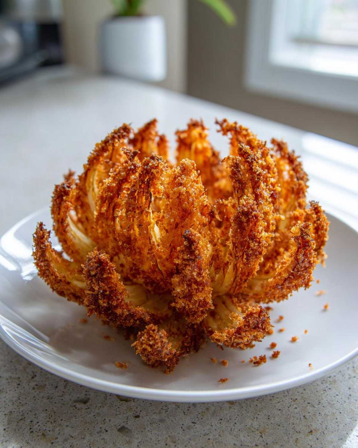 A golden brown, fully bloomed and crispy air fryer blooming onion served on a white plate.