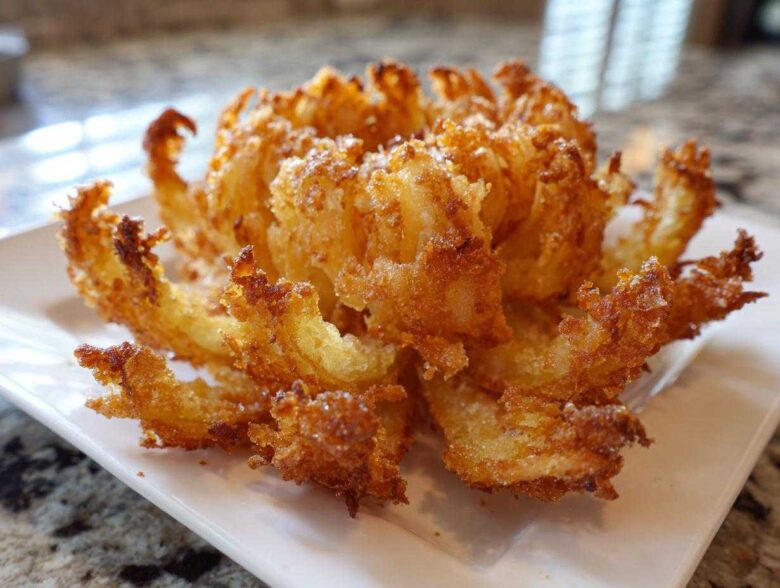 A perfectly cooked, golden brown Crispy Air Fryer Blooming Onion served on a rectangular white plate.