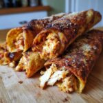 Close-up of several Crispy Oven Rolled Chicken Taquitos Delight showing shredded chicken filling spilling out.