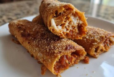 Close-up of Crispy Oven Rolled Chicken Taquitos Delight, showing shredded chicken and sauce filling inside the golden, crispy shell.