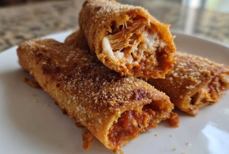 Close-up of Crispy Oven Rolled Chicken Taquitos Delight, showing shredded chicken and sauce filling inside the golden, crispy shell.