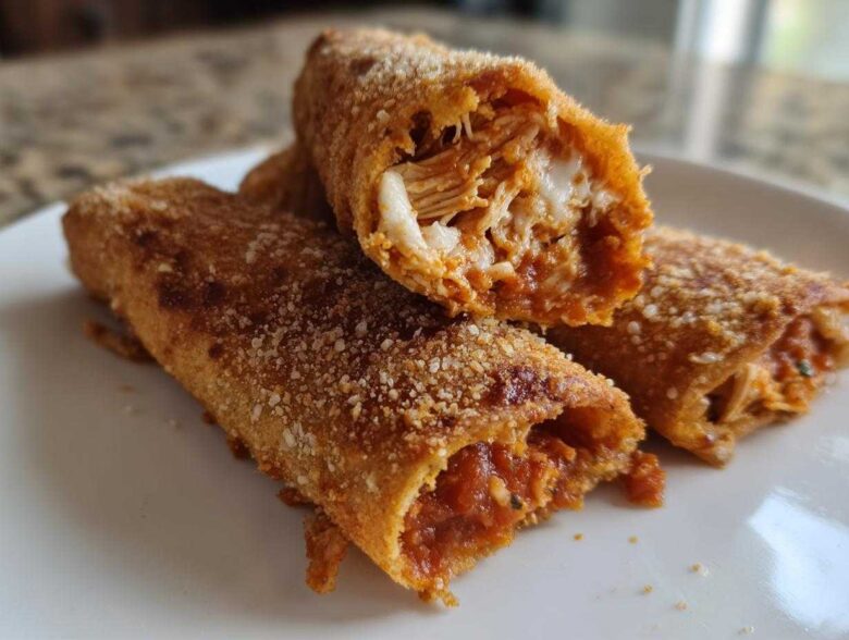 Close-up of Crispy Oven Rolled Chicken Taquitos Delight, showing shredded chicken and sauce filling inside the golden, crispy shell.