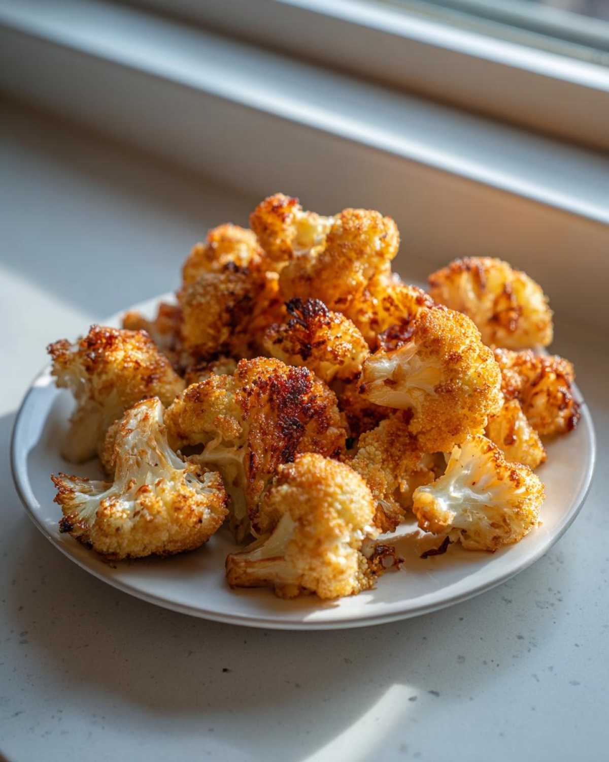 A plate piled high with golden brown, crispy Roasted Cauliflower Bites, perfectly caramelized from roasting.