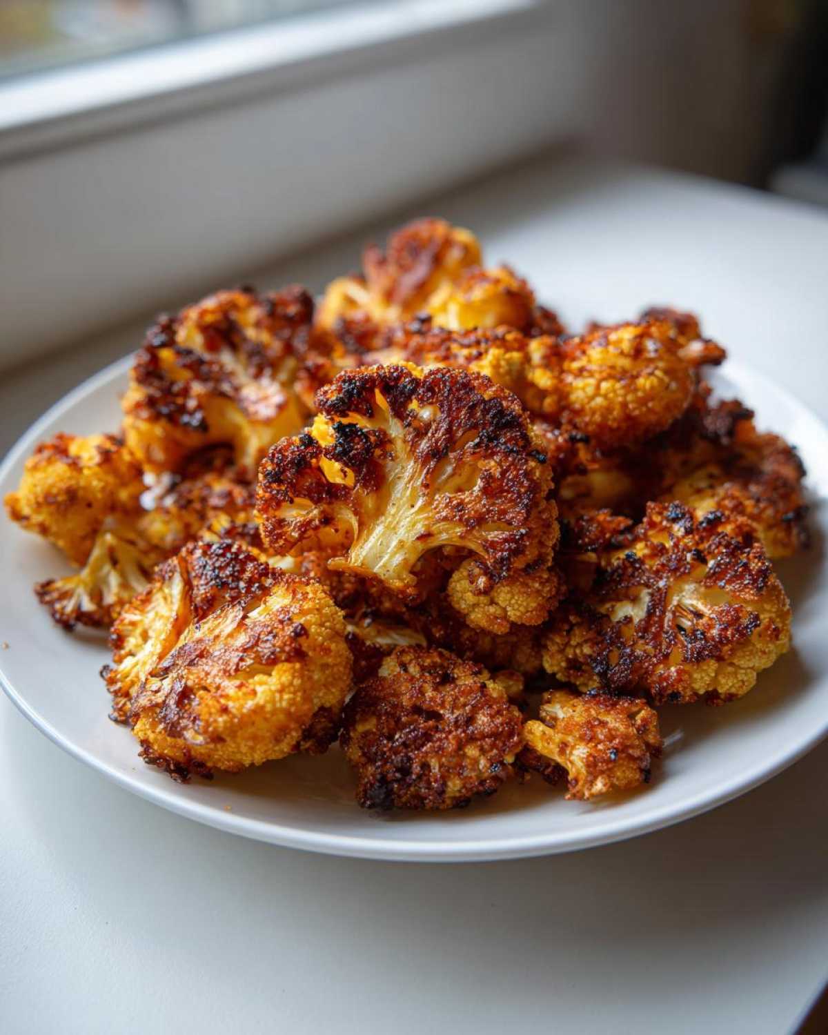 A white plate piled high with golden brown and slightly charred Roasted Cauliflower Bites, set near a bright window.