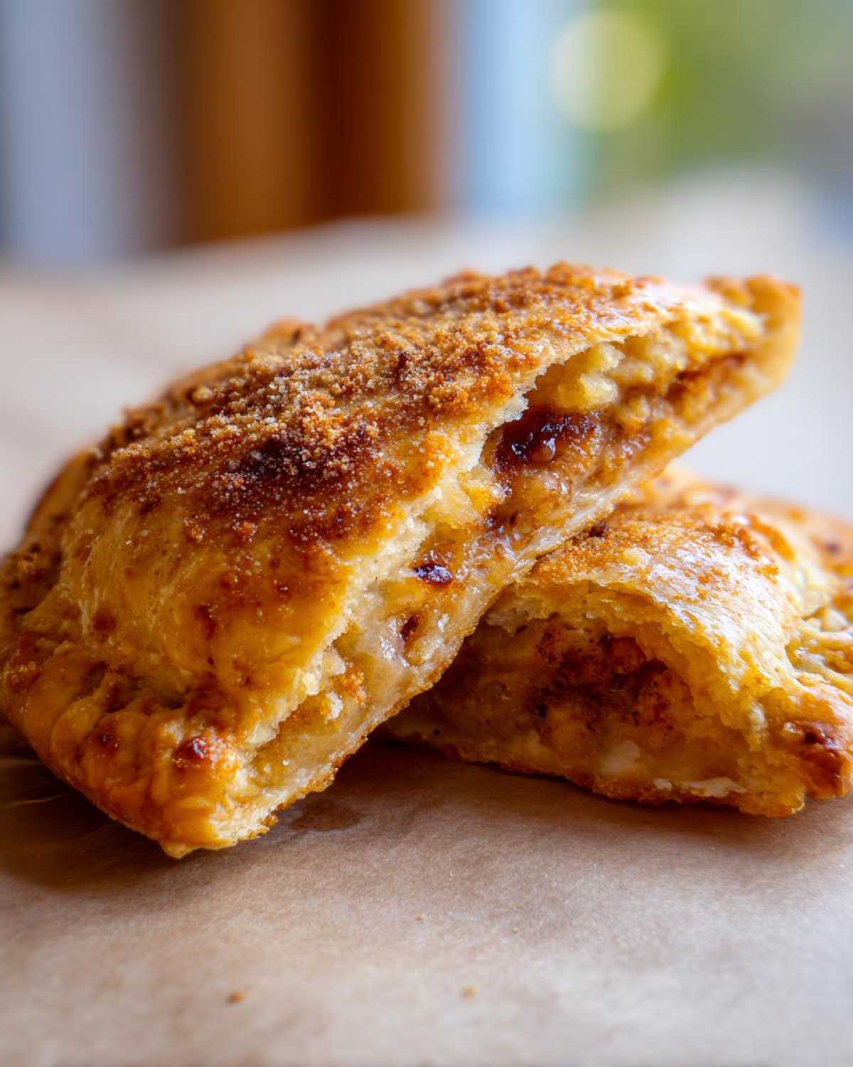 Close-up of two Smores Hand Pies cut in half, showing gooey filling and cinnamon sugar topping.