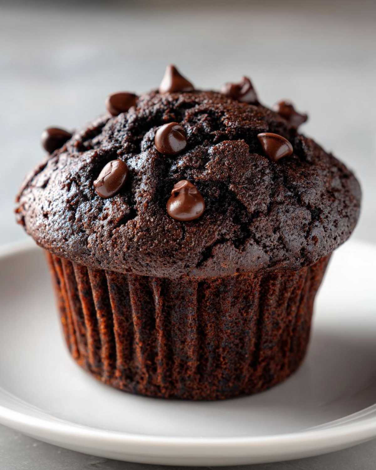 Close-up of a rich, dark Double Chocolate Muffins for Morning Indulgence studded with chocolate chips.