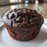 A close-up of a rich, dark Double Chocolate Muffin topped with glossy, melted chocolate chips on a white plate.