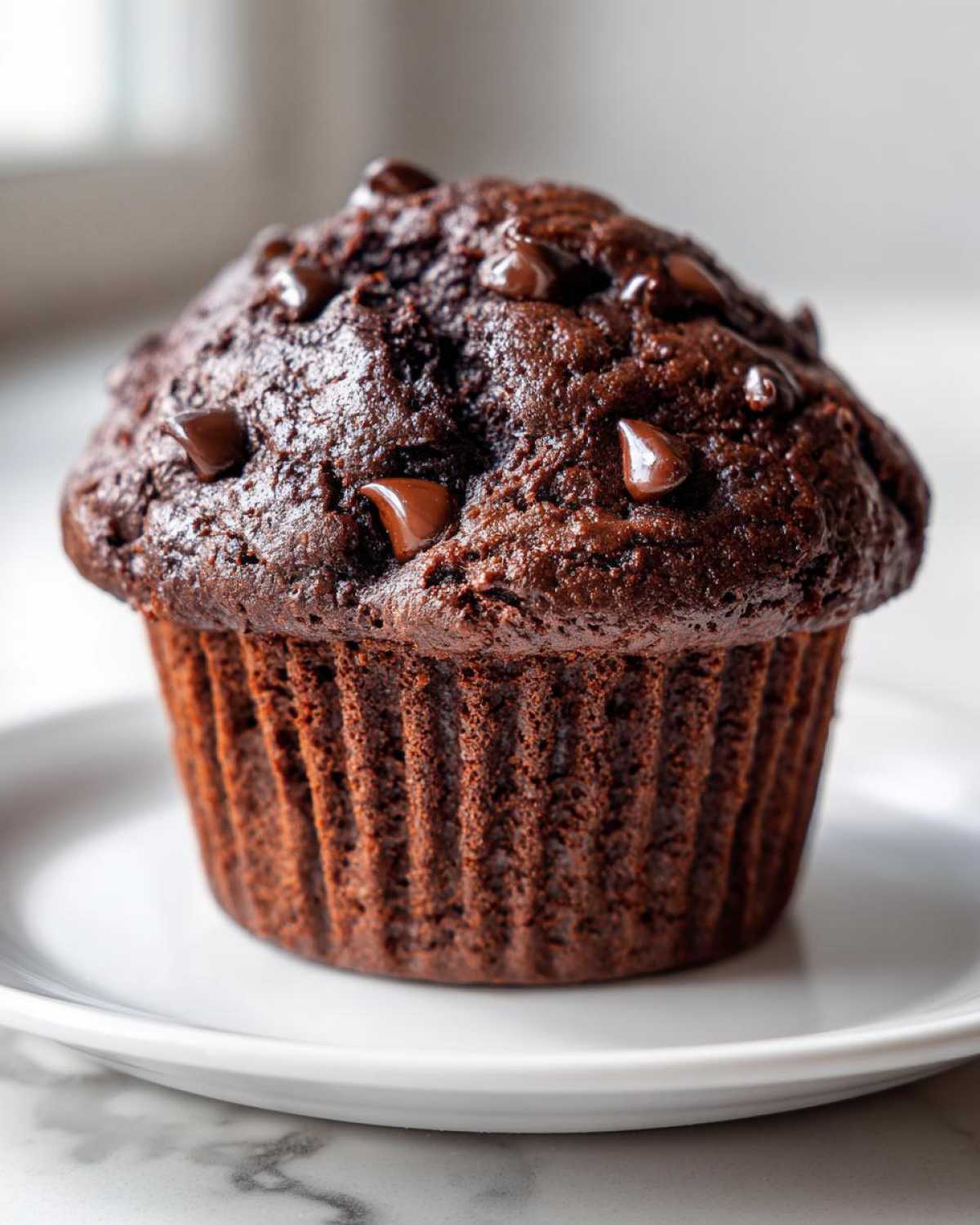 A close-up of a rich, dark Double Chocolate Muffins, studded with melted chocolate chips, sitting on a white plate.