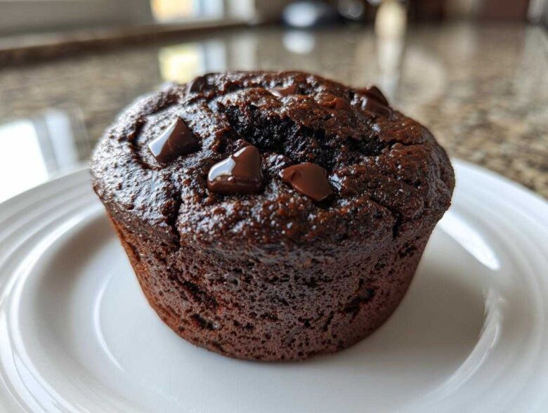 A close-up of a rich, dark Double Chocolate Muffin topped with glossy, melted chocolate chips on a white plate.