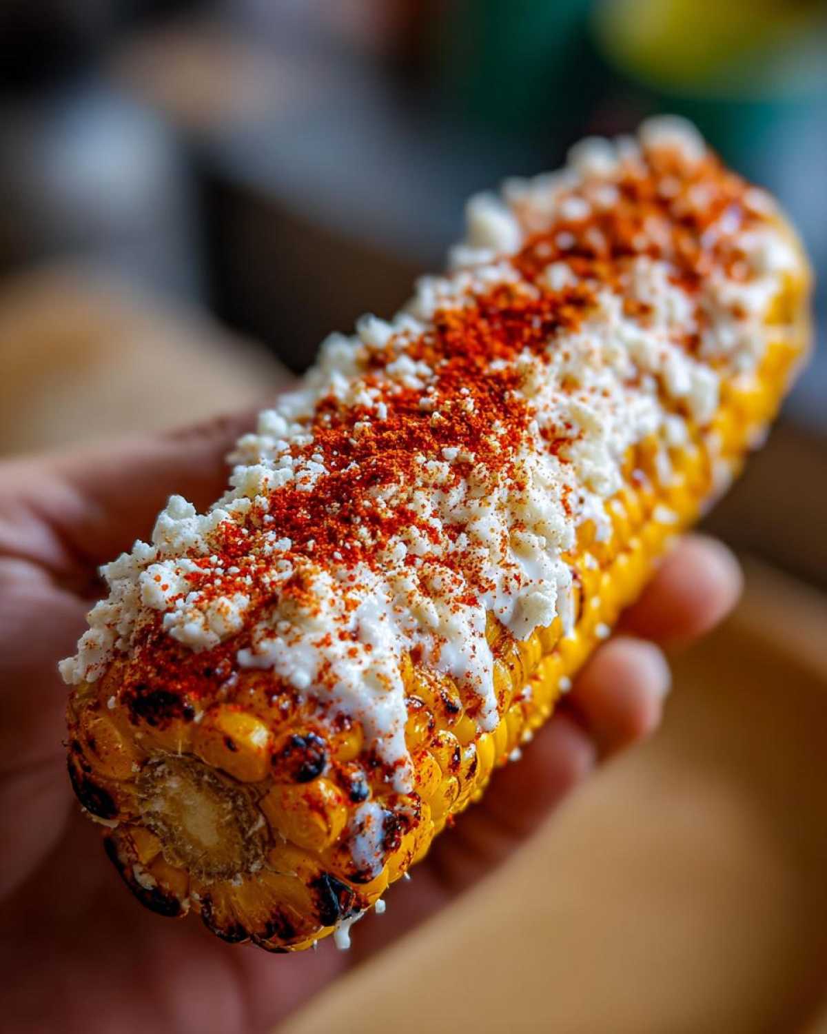 Close-up of a hand holding a grilled ear of Elote with Cotija Cheese and Lime, topped with chili powder.