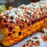 Close-up of grilled Elote with Cotija Cheese and Lime seasoning, showing charred kernels.