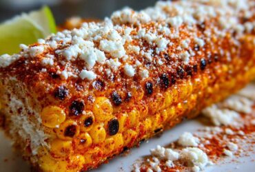 Close-up of grilled Elote with Cotija Cheese and Lime seasoning, showing charred kernels.