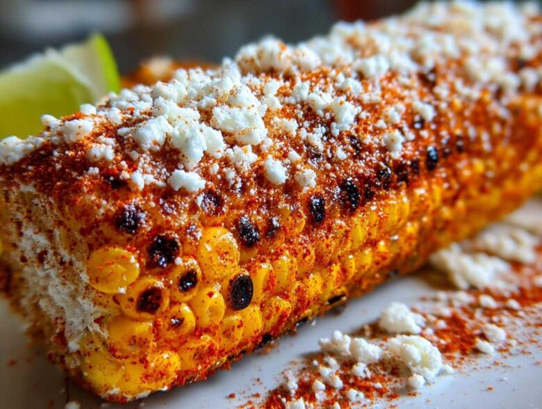 Close-up of grilled Elote with Cotija Cheese and Lime seasoning, showing charred kernels.