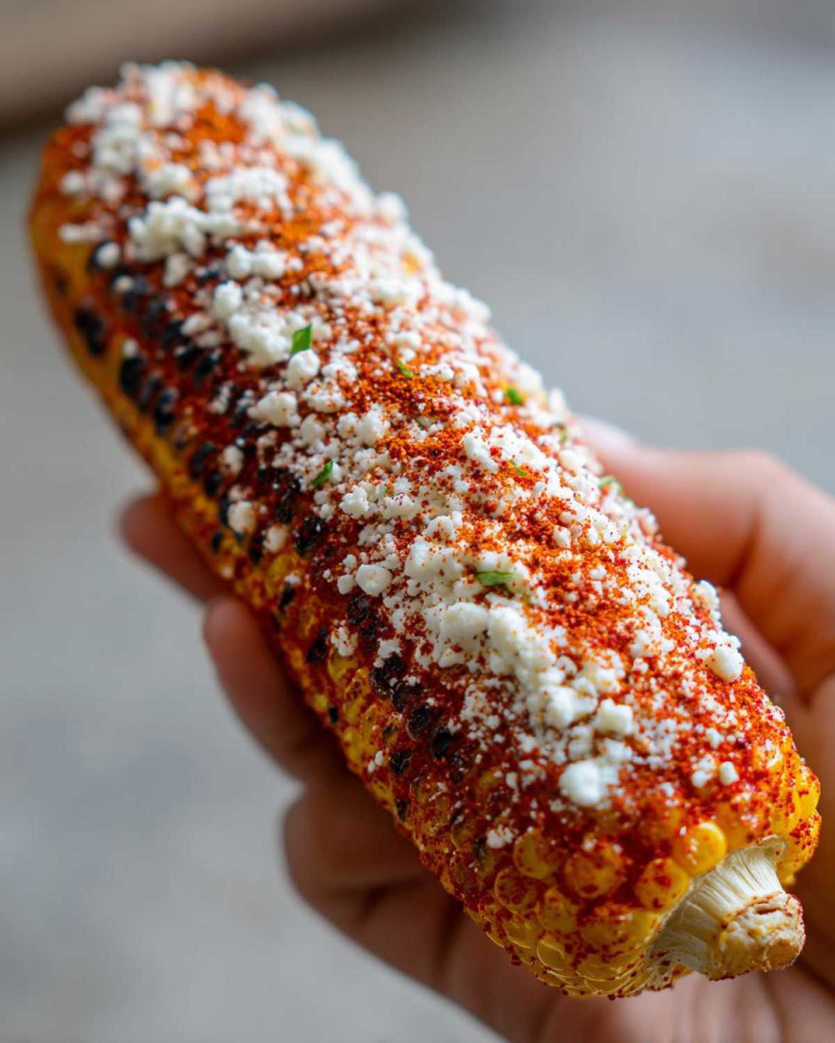 Close-up of a hand holding a grilled ear of Elote with Cotija Cheese and Lime seasoning.
